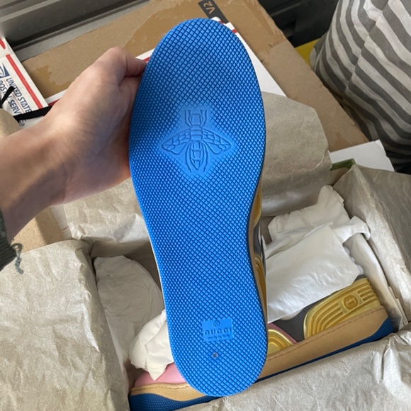 NEW GUCCI Basket Panelled Low-Top Sneaker in Pastel Pink Yellow White Demetra 40 - Picture 10 of 14